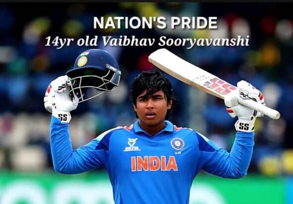 Vaibhav Suryavanshi celebrates after scoring 175 in the U19 World Cup final for India